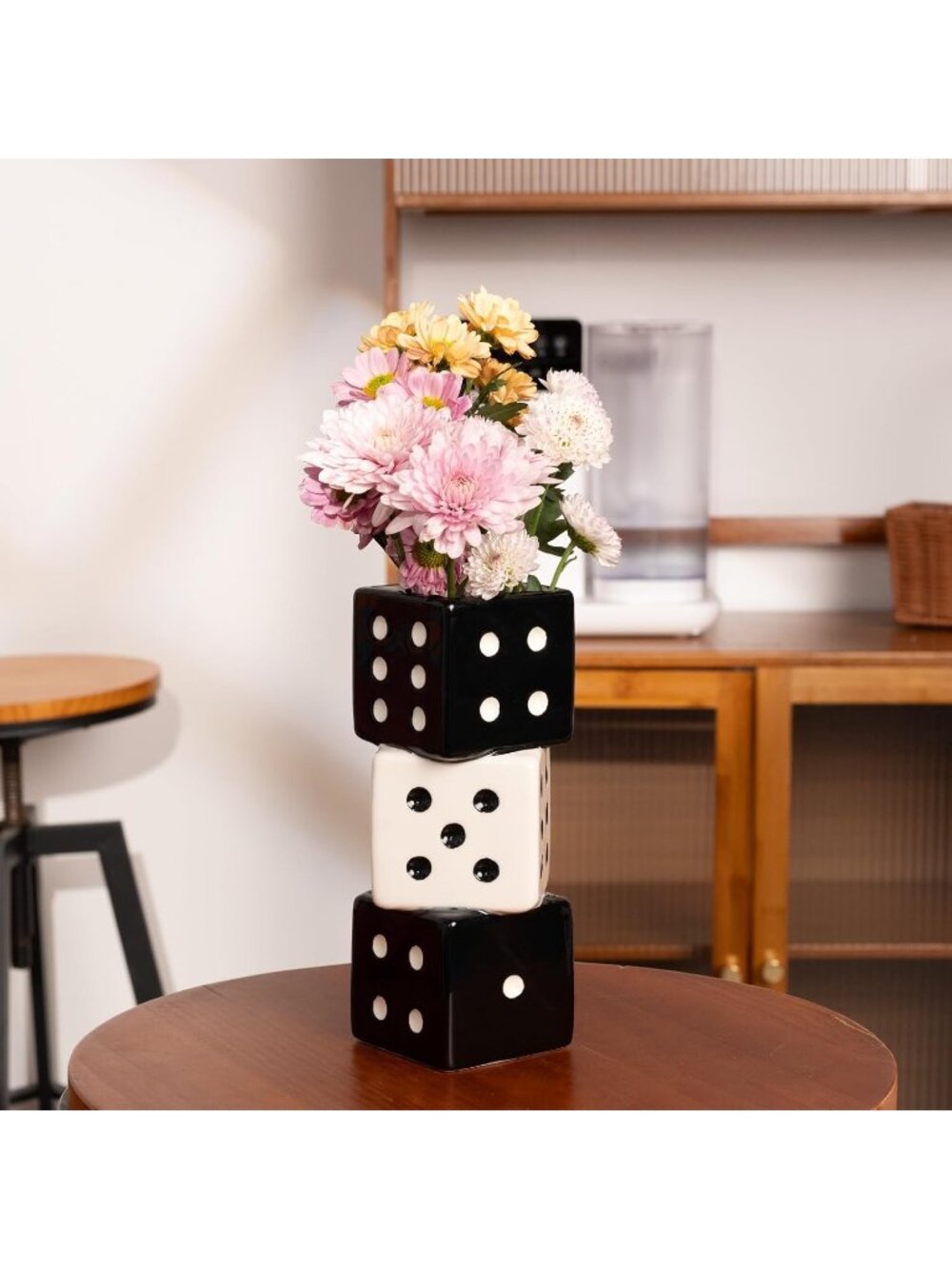 Unique Handmade Dice Vase Black White Ceramic Geometric Home Decor Centerpiece